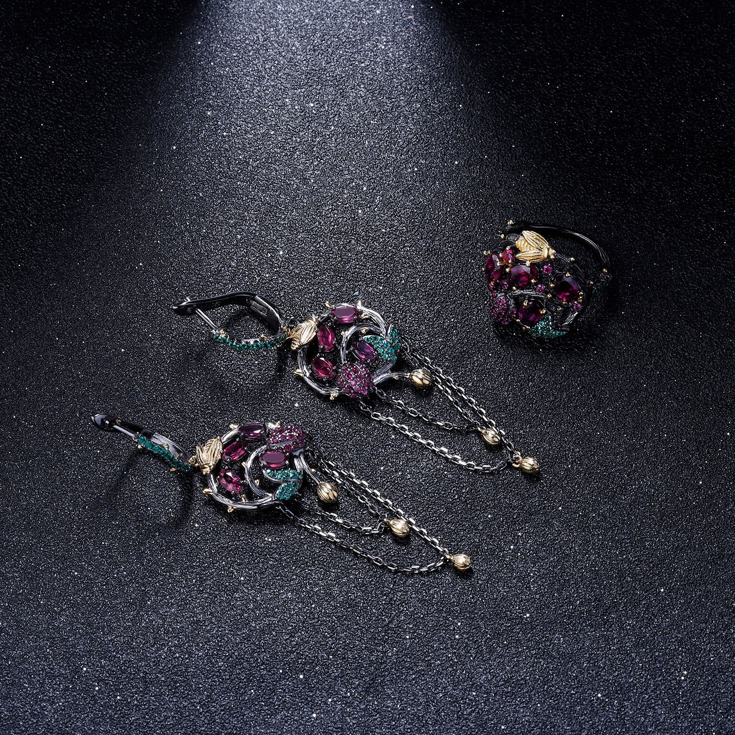 【秘密花园】系列S925纯银天然玫瑰石榴宝石戒指