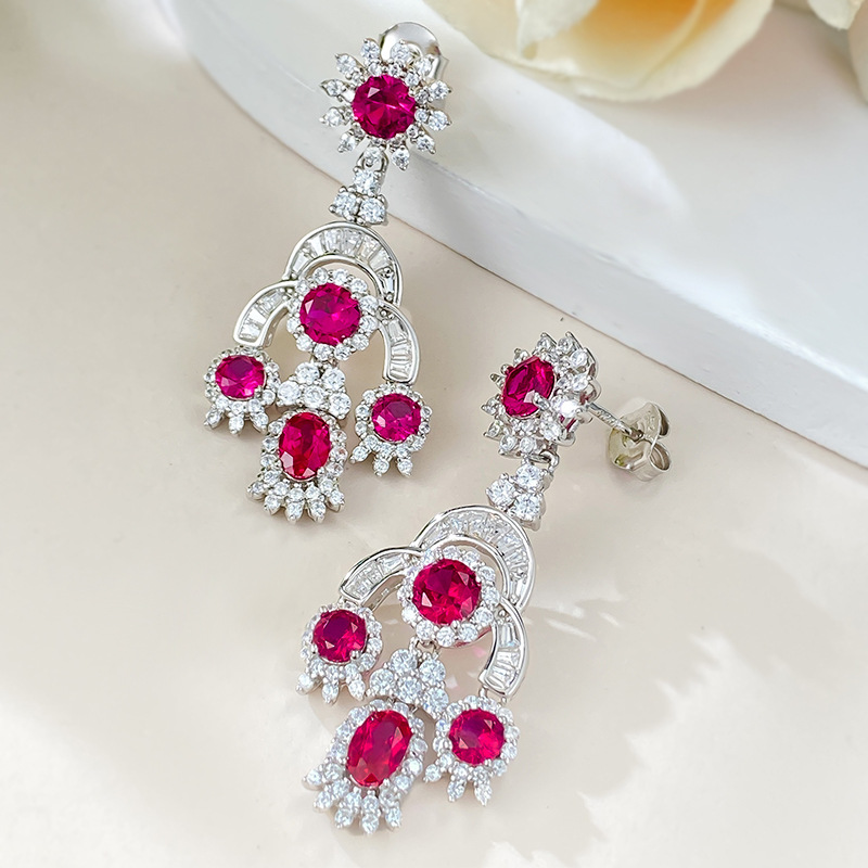s925银镶嵌红宝石圆钻复古耳环