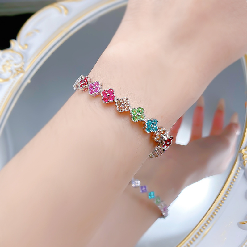 s925纯银彩钻四叶草手链