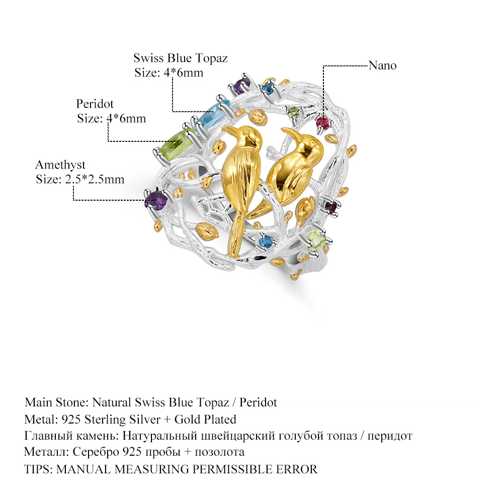 niche bird design s925 silver natural gemstone ring