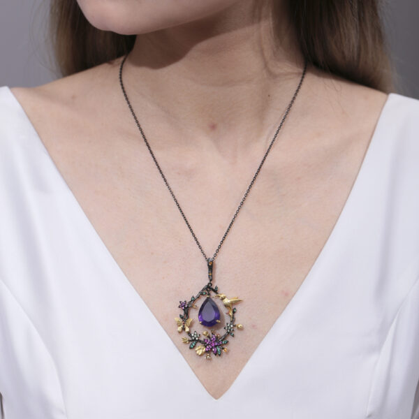 spring bird on branch pendant necklace 925 silver natural gemstone