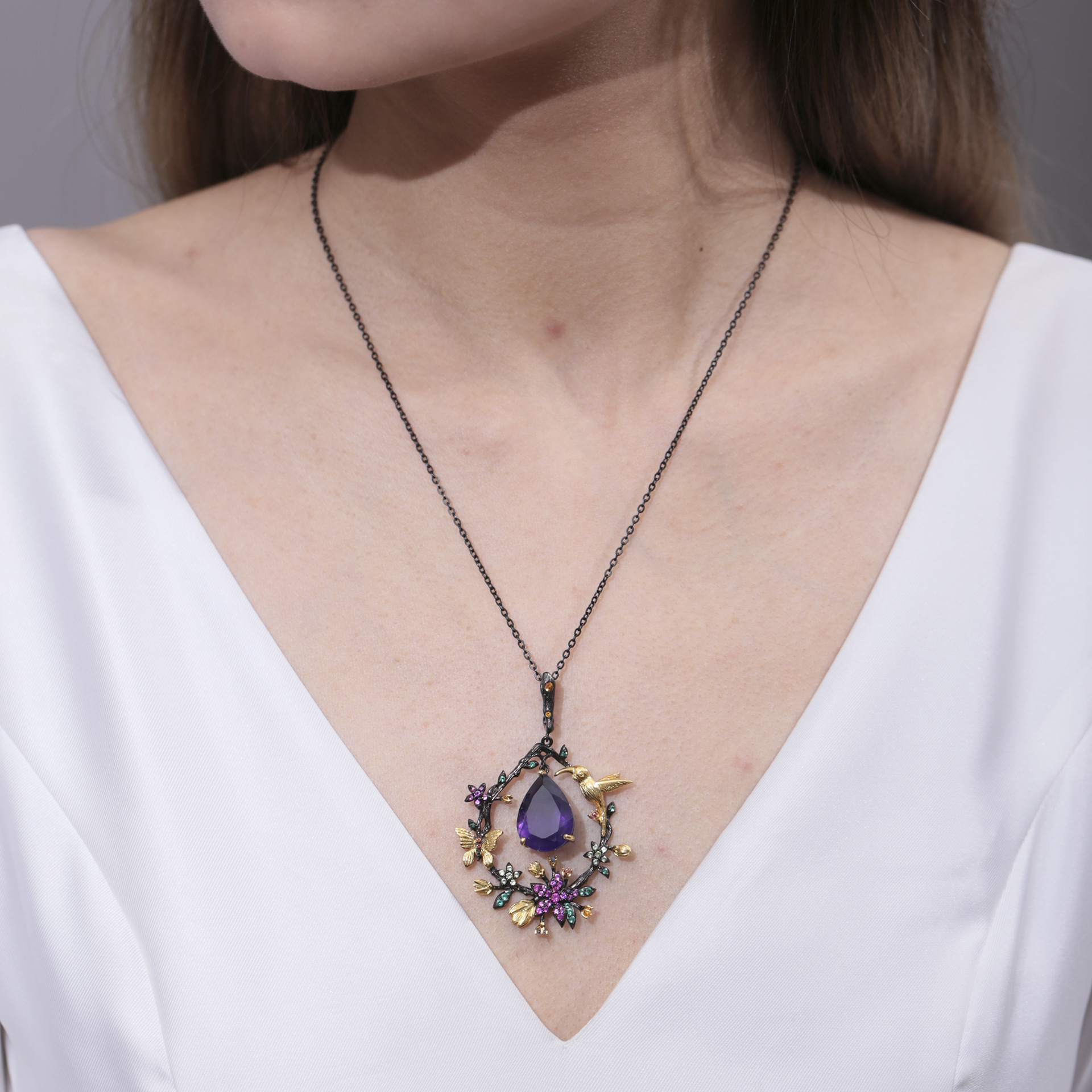 spring bird on branch pendant necklace 925 silver natural gemstone