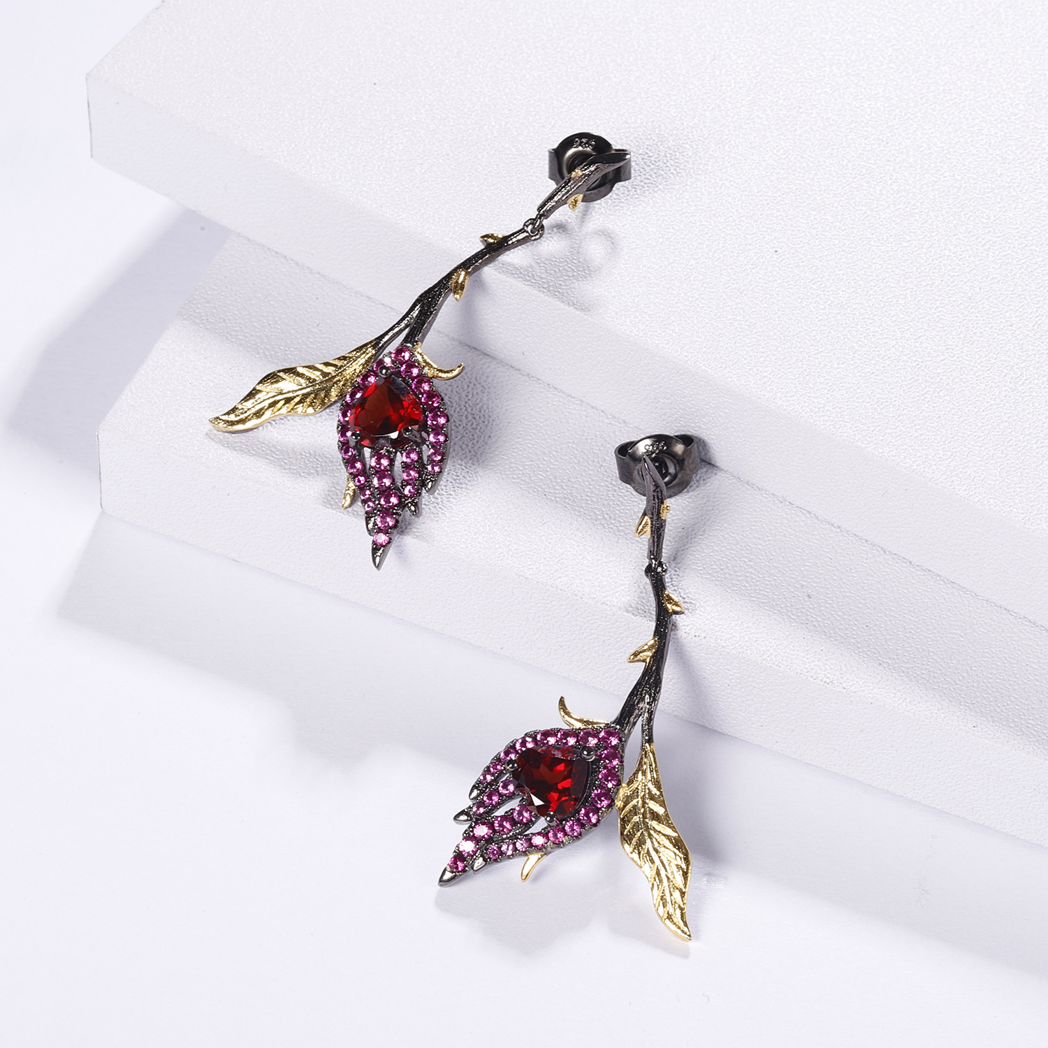 designer floral earrings s925 silver natural garnet stud dangle