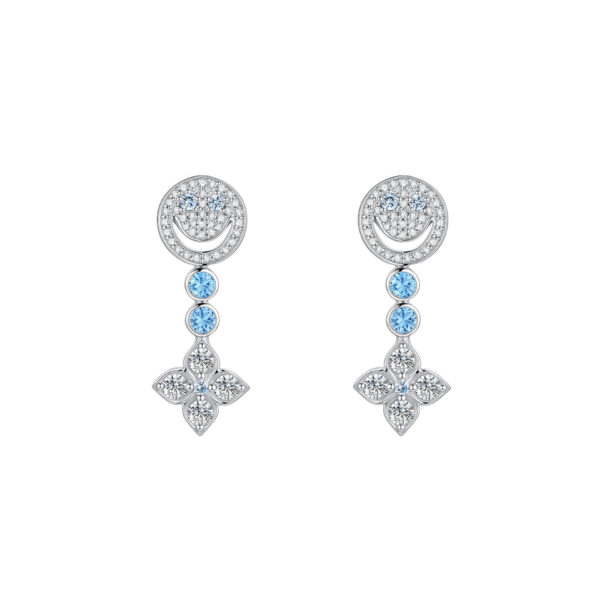 gd peace sign & clover earrings 925 silver blue diamond full pave