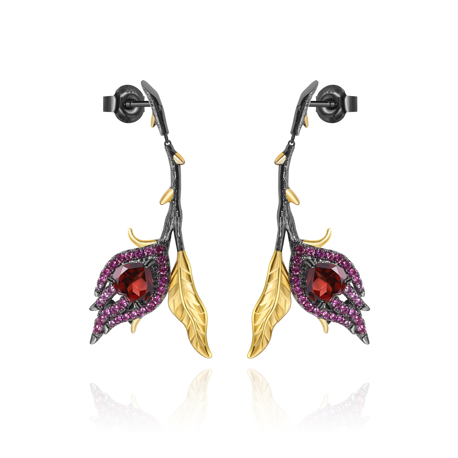designer floral earrings s925 silver natural garnet stud dangle