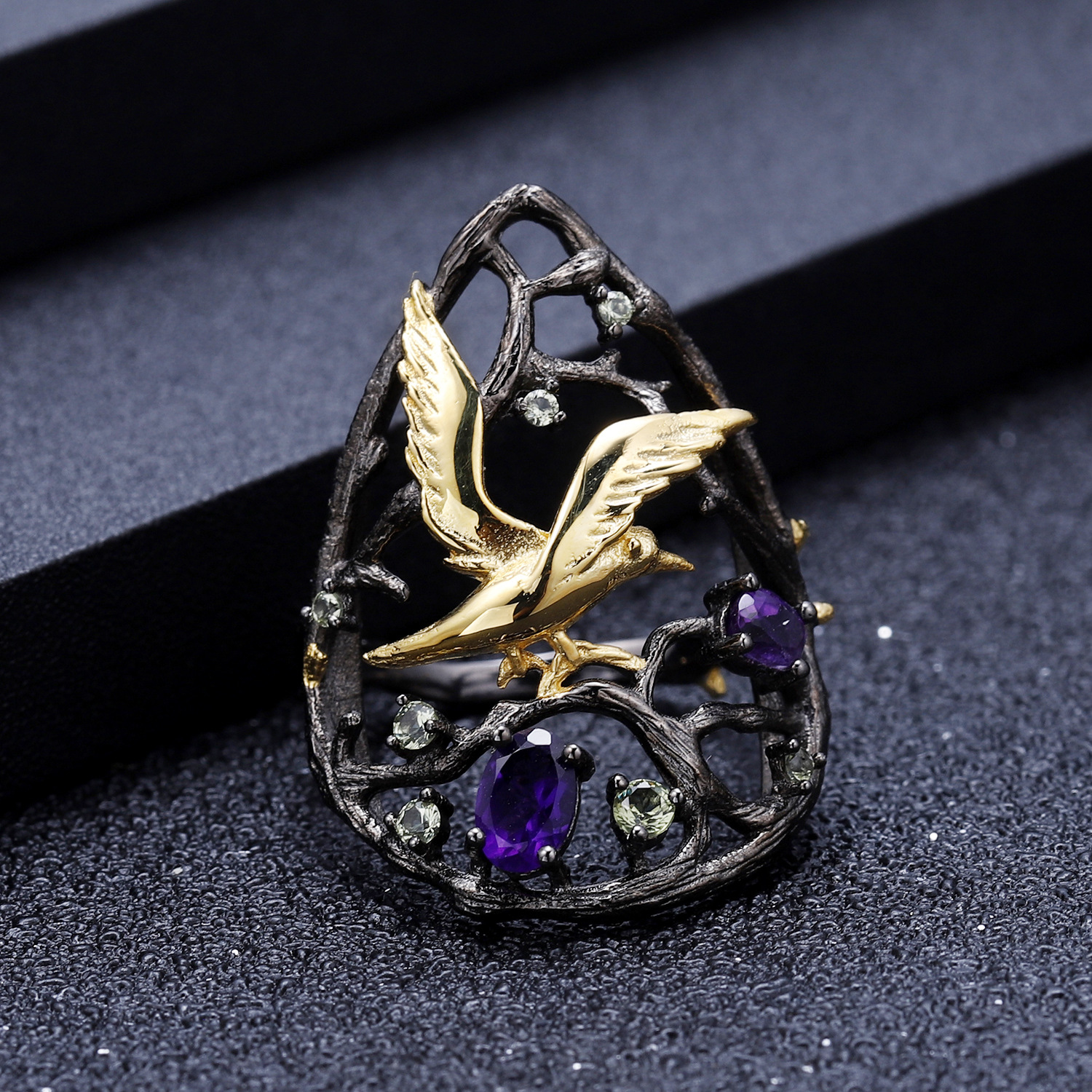 birds paradise ring s925 silver topaz rose garnet original design