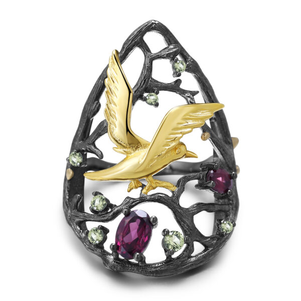 birds paradise ring s925 silver topaz rose garnet original design