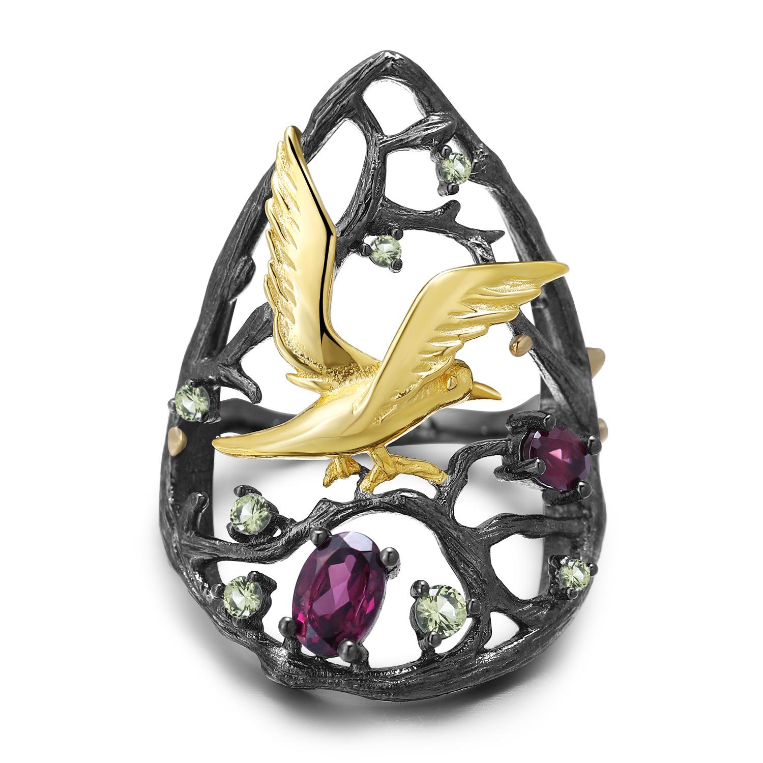 birds paradise ring s925 silver topaz rose garnet original design