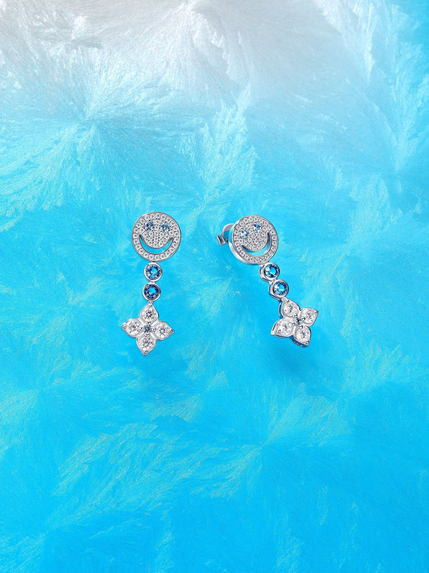 gd peace sign & clover earrings 925 silver blue diamond full pave