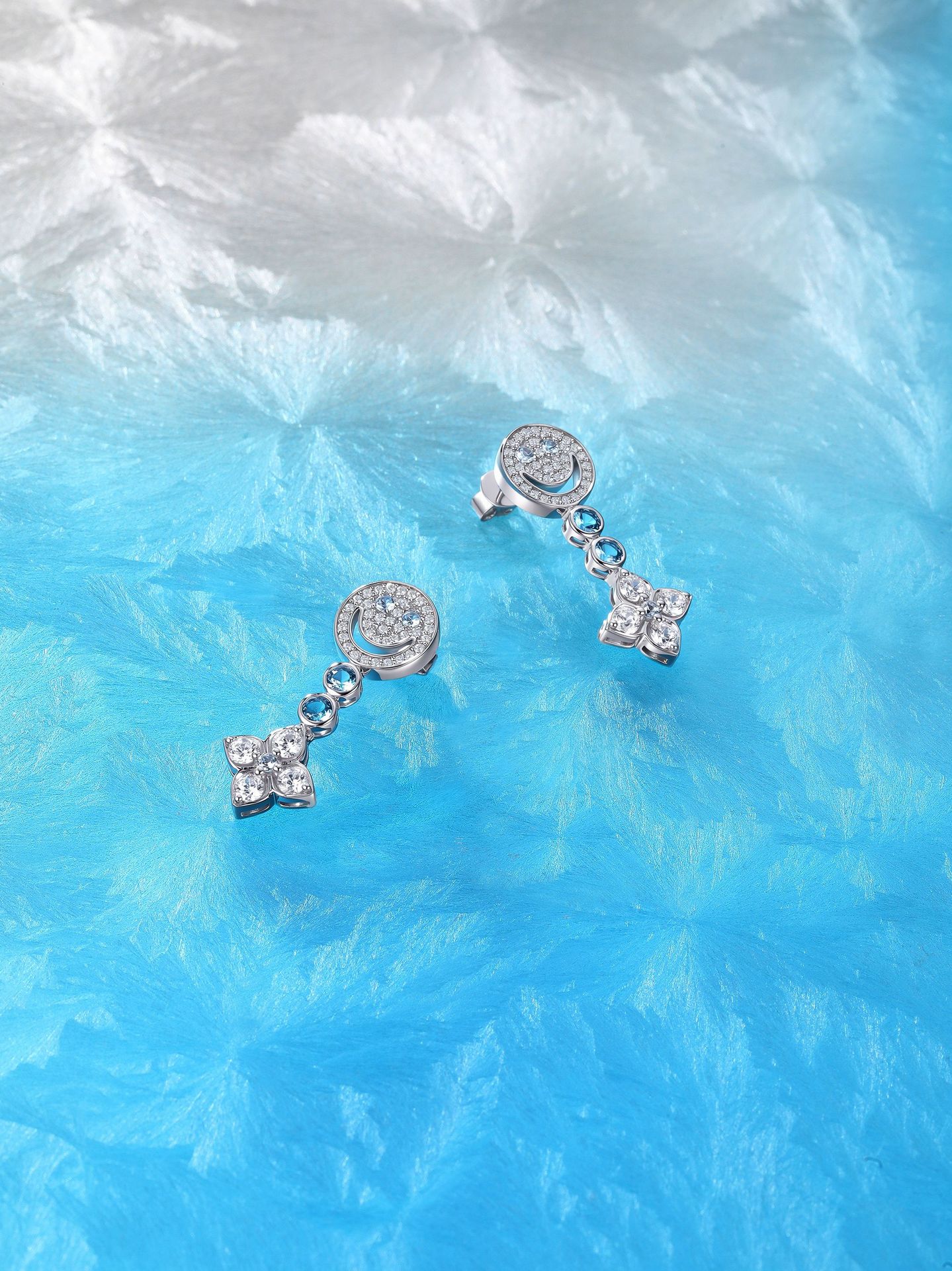 gd peace sign & clover earrings 925 silver blue diamond full pave