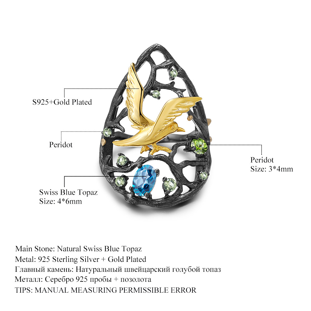 birds paradise ring s925 silver topaz rose garnet original design