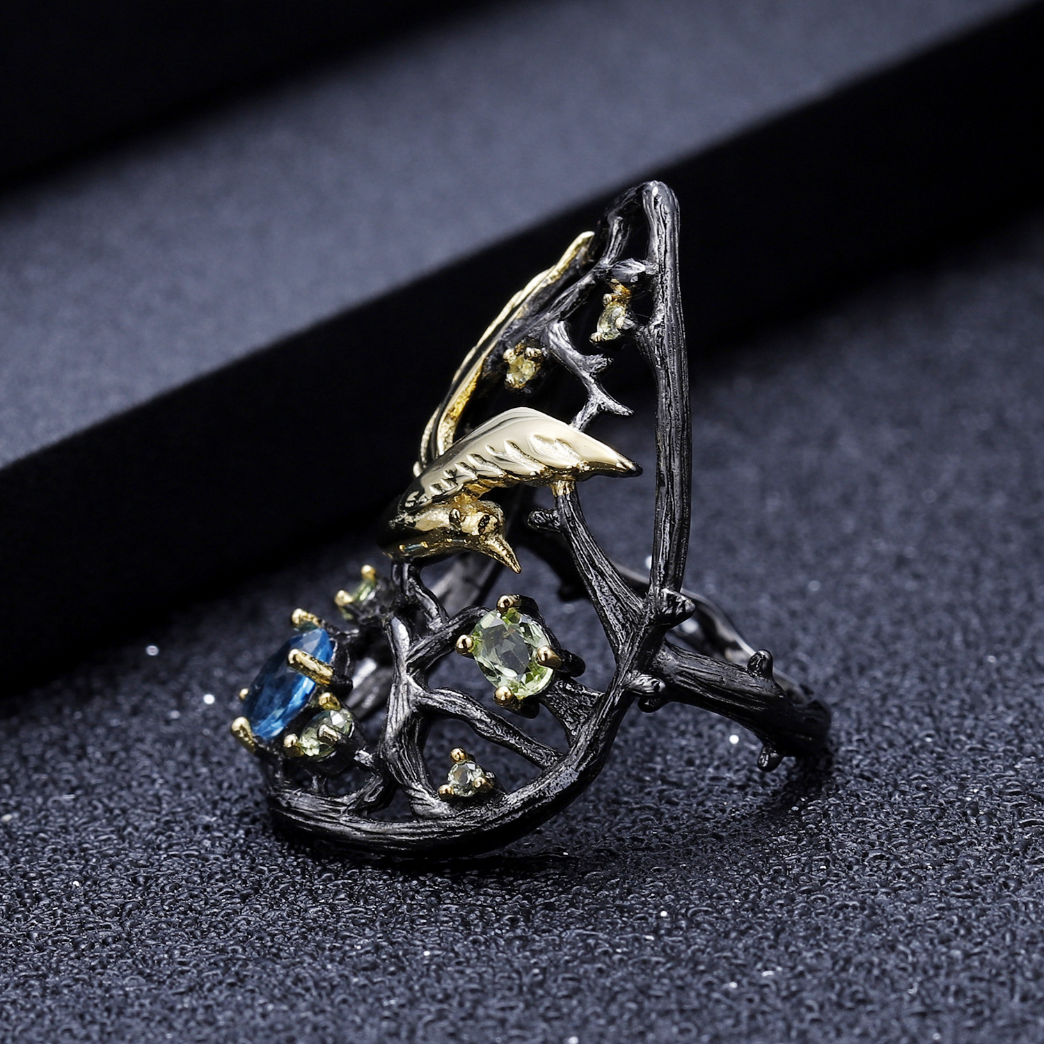 birds paradise ring s925 silver topaz rose garnet original design