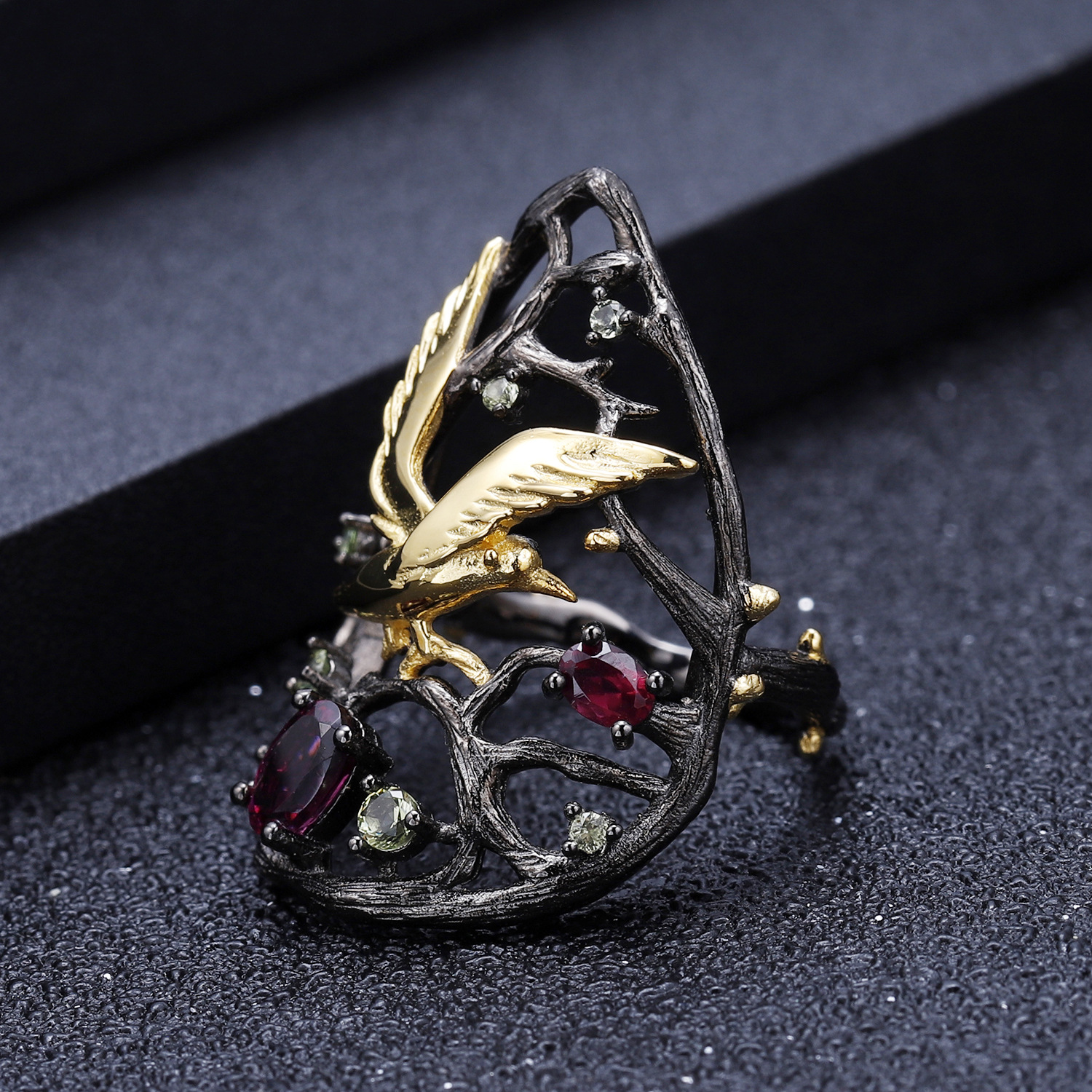 birds paradise ring s925 silver topaz rose garnet original design