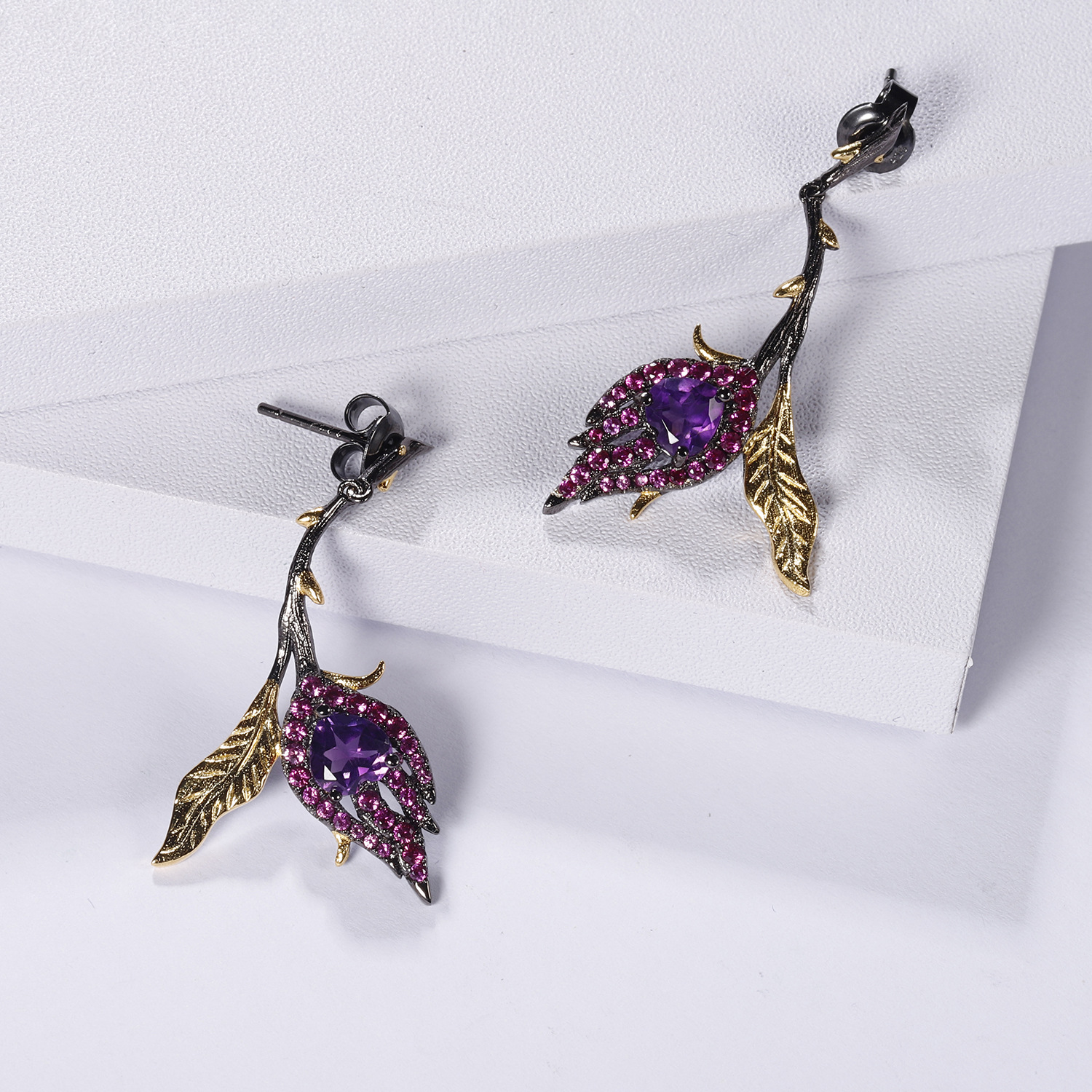 designer floral earrings s925 silver natural garnet stud dangle