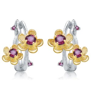 sku-1-天然玫瑰榴耳环 Plum Blossom Earrings 925 Silver Natural Topaz & Garnet Floral Style