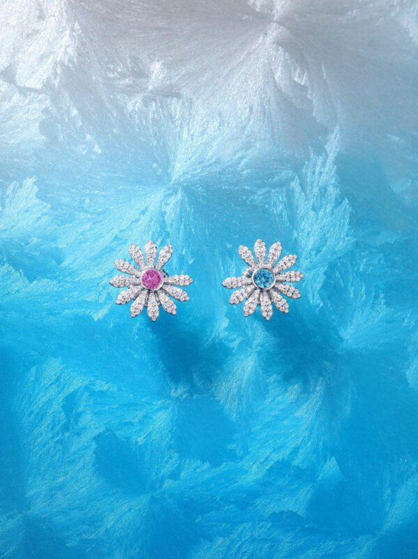 详情-10 GD Style Daisy Earrings 925 Silver Yellow & Pink Blue Diamond Pave