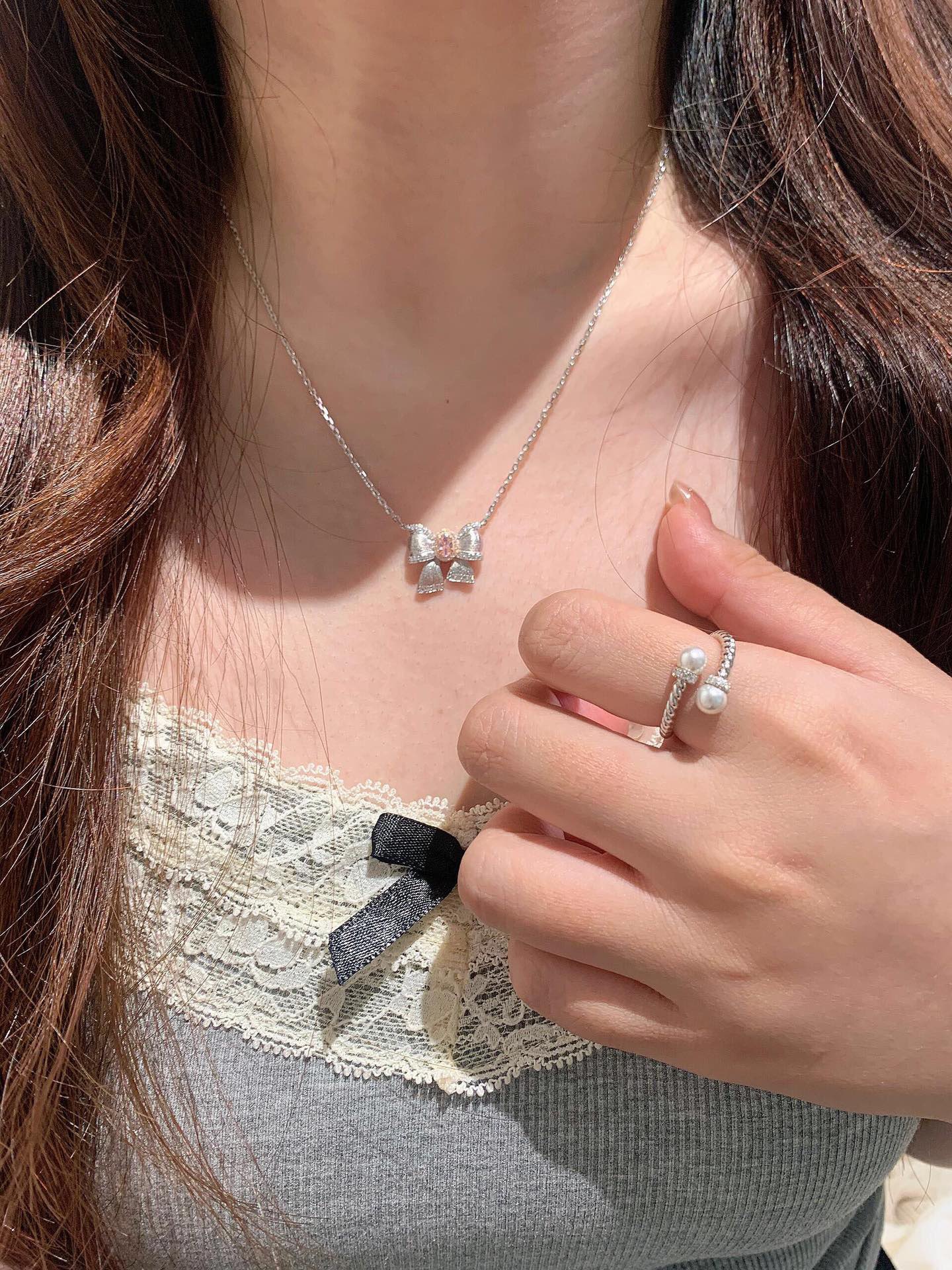 princess style bow necklace | pink diamond & 925 silver new arrival