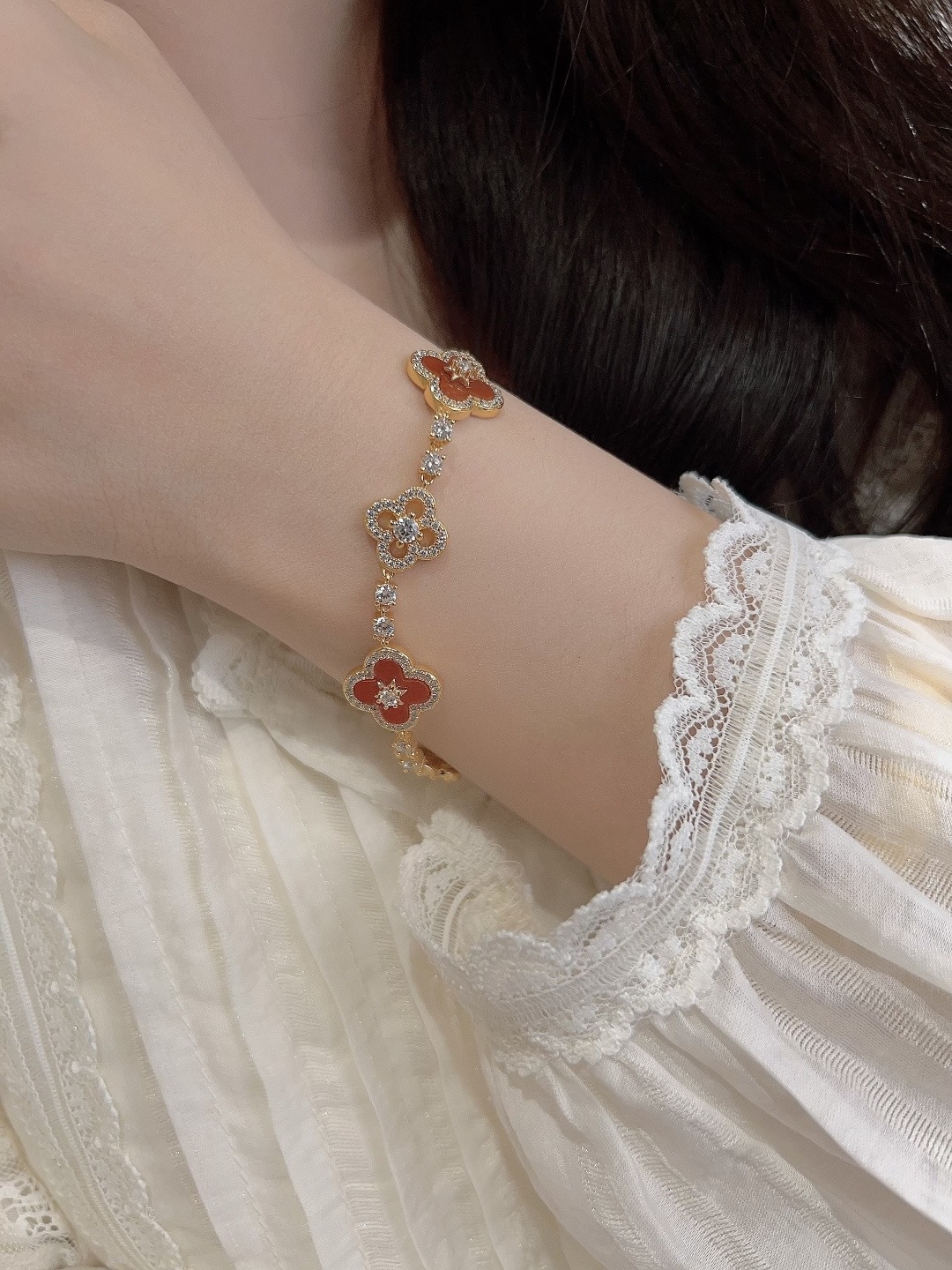 5 flower star & clover bracelet 925 silver diamond natural stone new