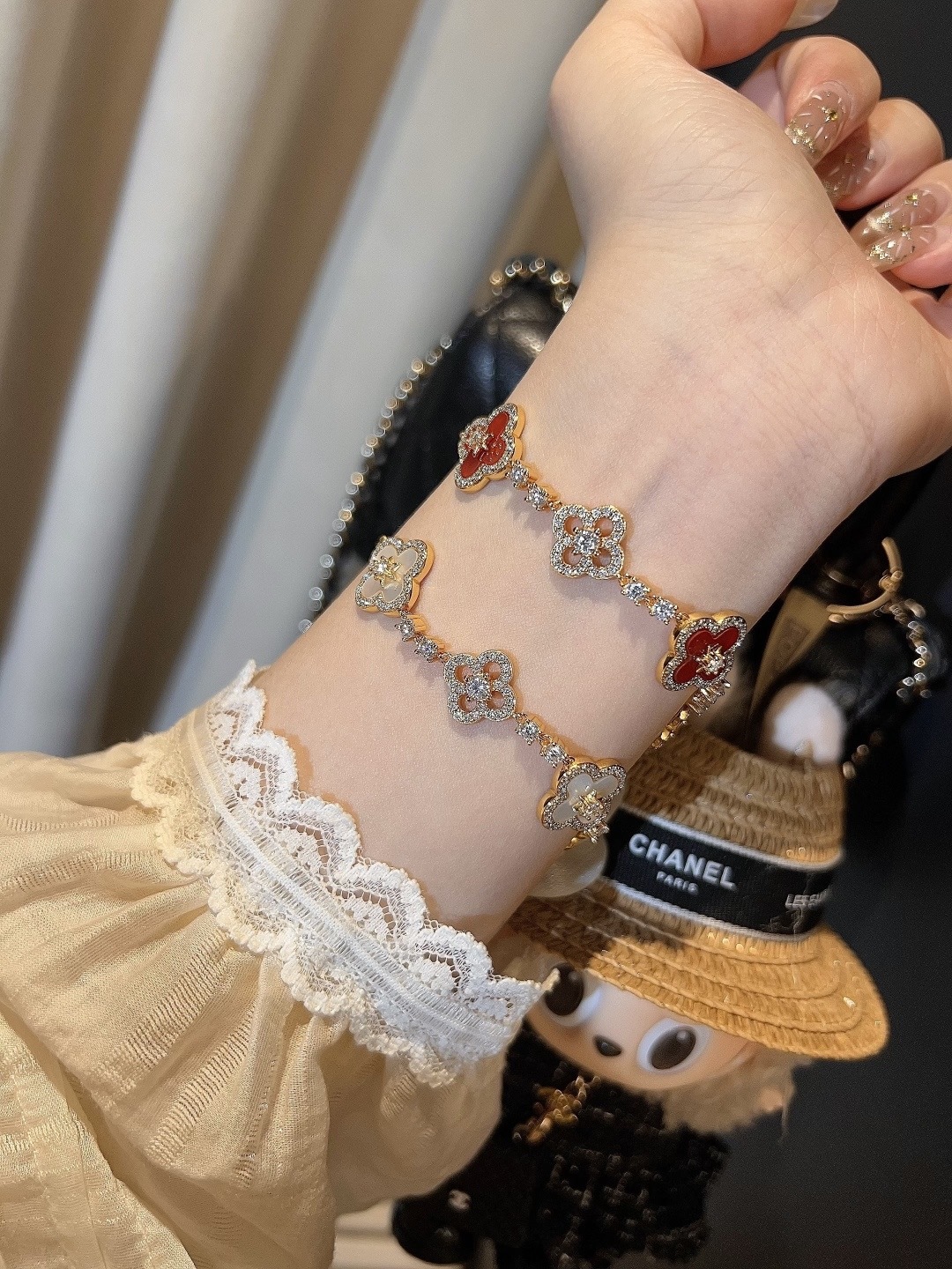 5 flower star & clover bracelet 925 silver diamond natural stone new