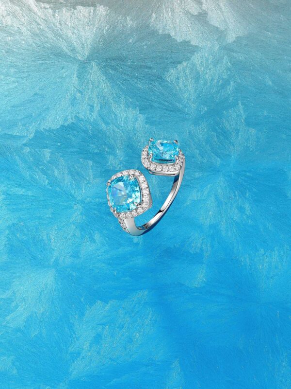 详情-15 Halo Square Aquamarine Open Ring 925 Silver Cut Diamond Niche Design
