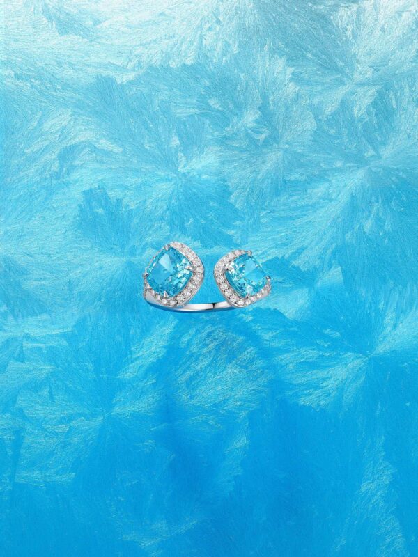 详情-16 Halo Square Aquamarine Open Ring 925 Silver Cut Diamond Niche Design