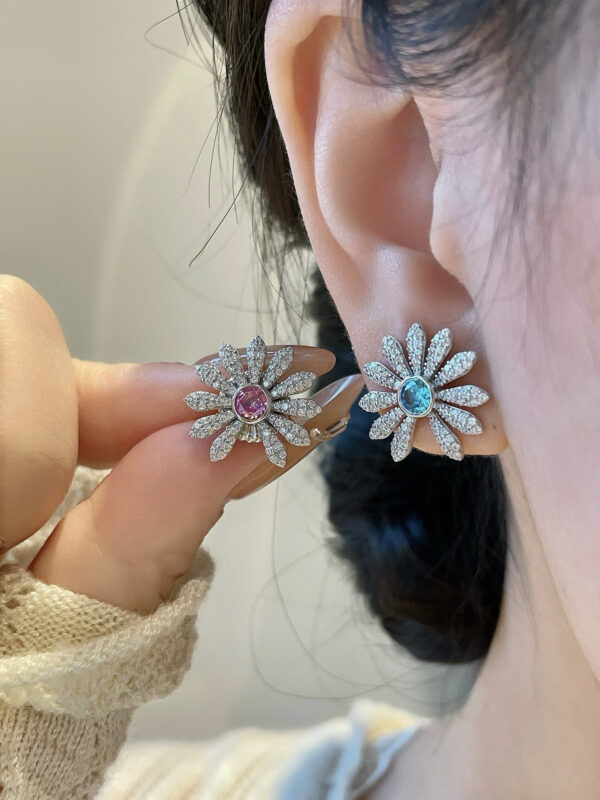 详情-19 GD Style Daisy Earrings 925 Silver Yellow & Pink Blue Diamond Pave