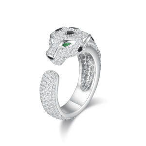 Leopard Head Open Ring 925 Silver Full Pave Enamel Spots Statement