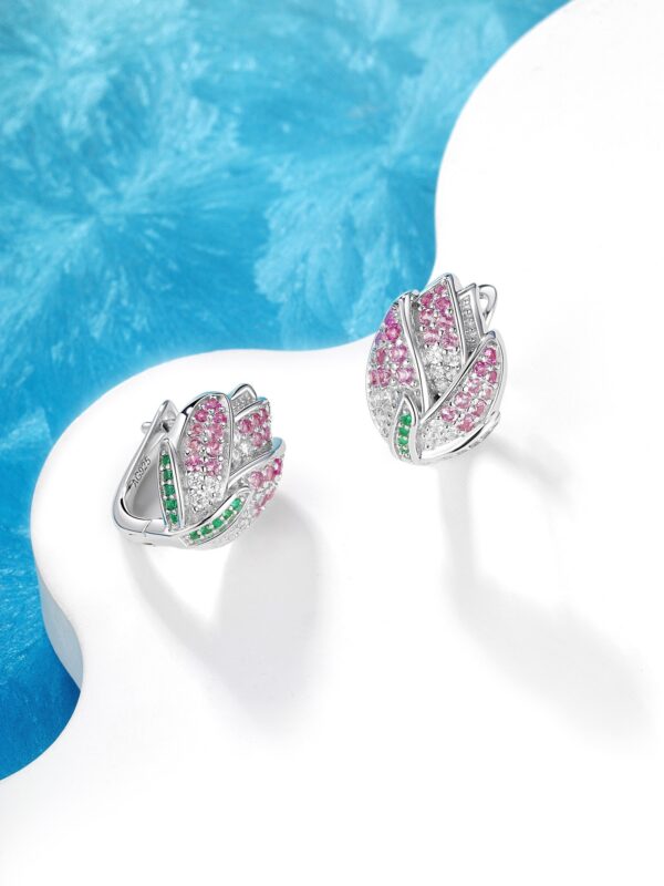 3D Flower Ear Studs 925 Silver Full Pave Colored Diamonds Luxury