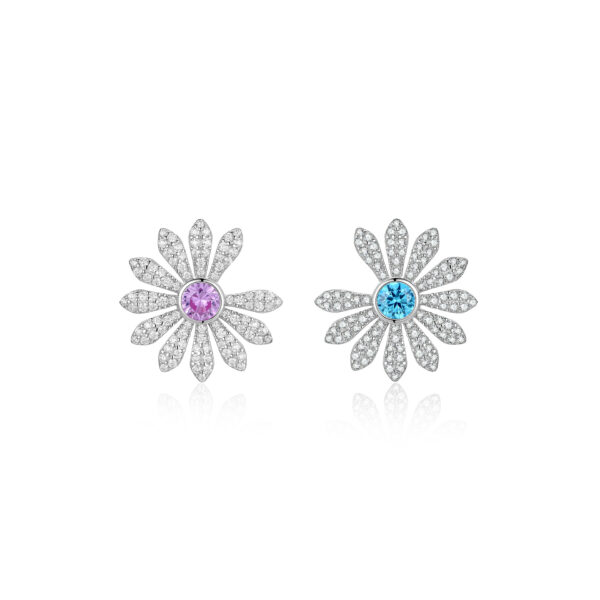 详情-8 GD Style Daisy Earrings 925 Silver Yellow & Pink Blue Diamond Pave