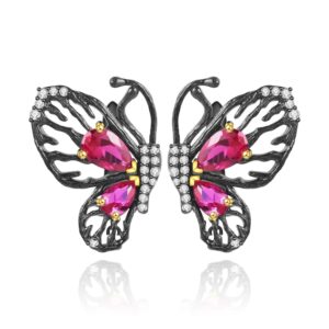详情-9 Black Butterfly Garnet Earrings 925 Silver Antique Dream Vintage Style
