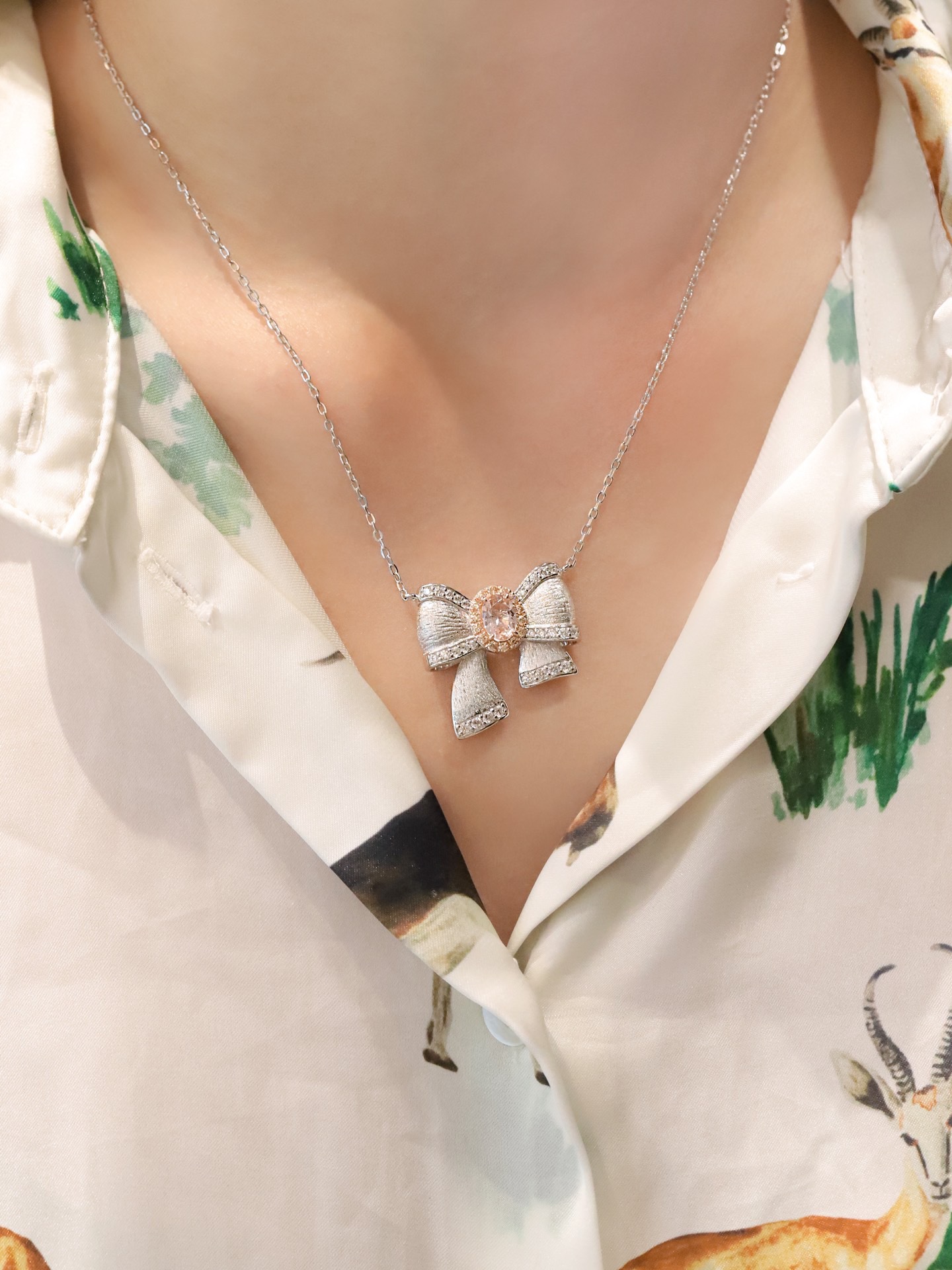 princess style bow necklace | pink diamond & 925 silver new arrival